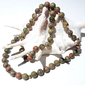Unakite Bead Necklace 22" Knotted Single Strand Gold-tone Ornate Box Clasp